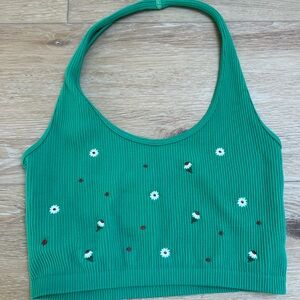 ZARA Green Halter Top with Floral Embroidery